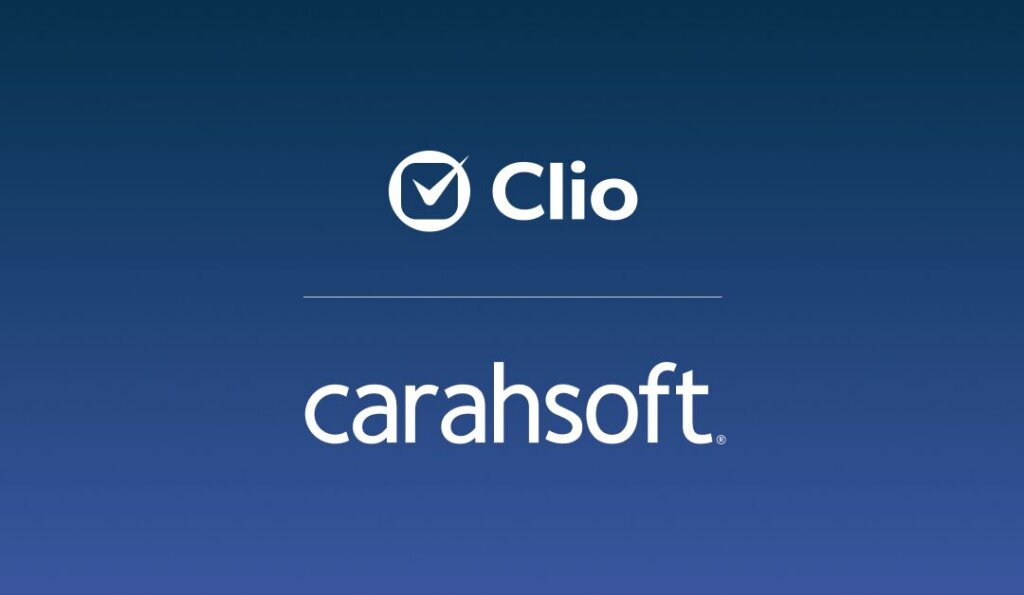Clio and Carahsoft logo lockup announcing a partnership to deliver legal AI to the public sector
