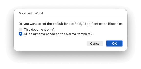 Microsoft Word dialog for setting the default font across all documents.